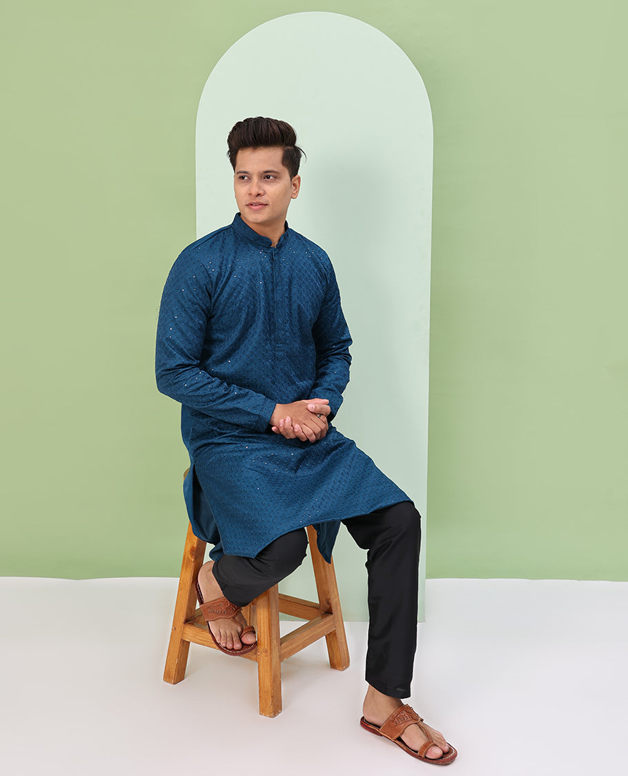 Blue color sequins embroidered full-sleeve kurta set