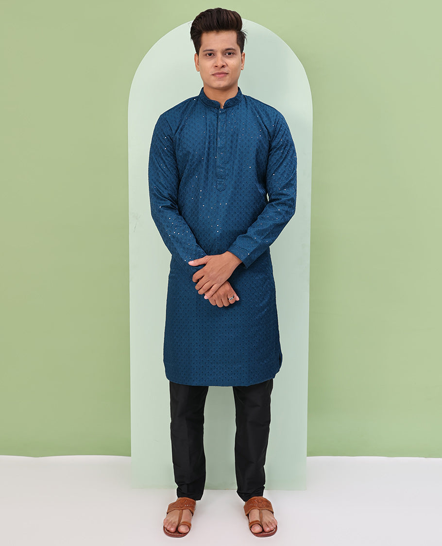 Blue color sequins embroidered full-sleeve kurta set