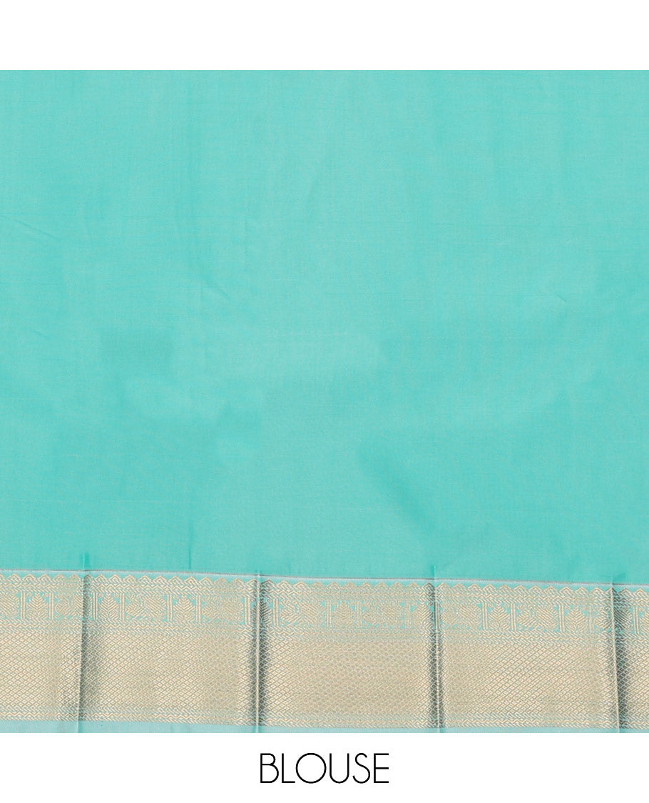 Blue Budget Silk Saree Meticulously Designed with Zari Buttas and Zari Micro-Checks, Complemented by a Contrast Peacock Zari-Woven Border, Pallu Steeped with Geometric Patterns, and Paired with a Contrast Blouse