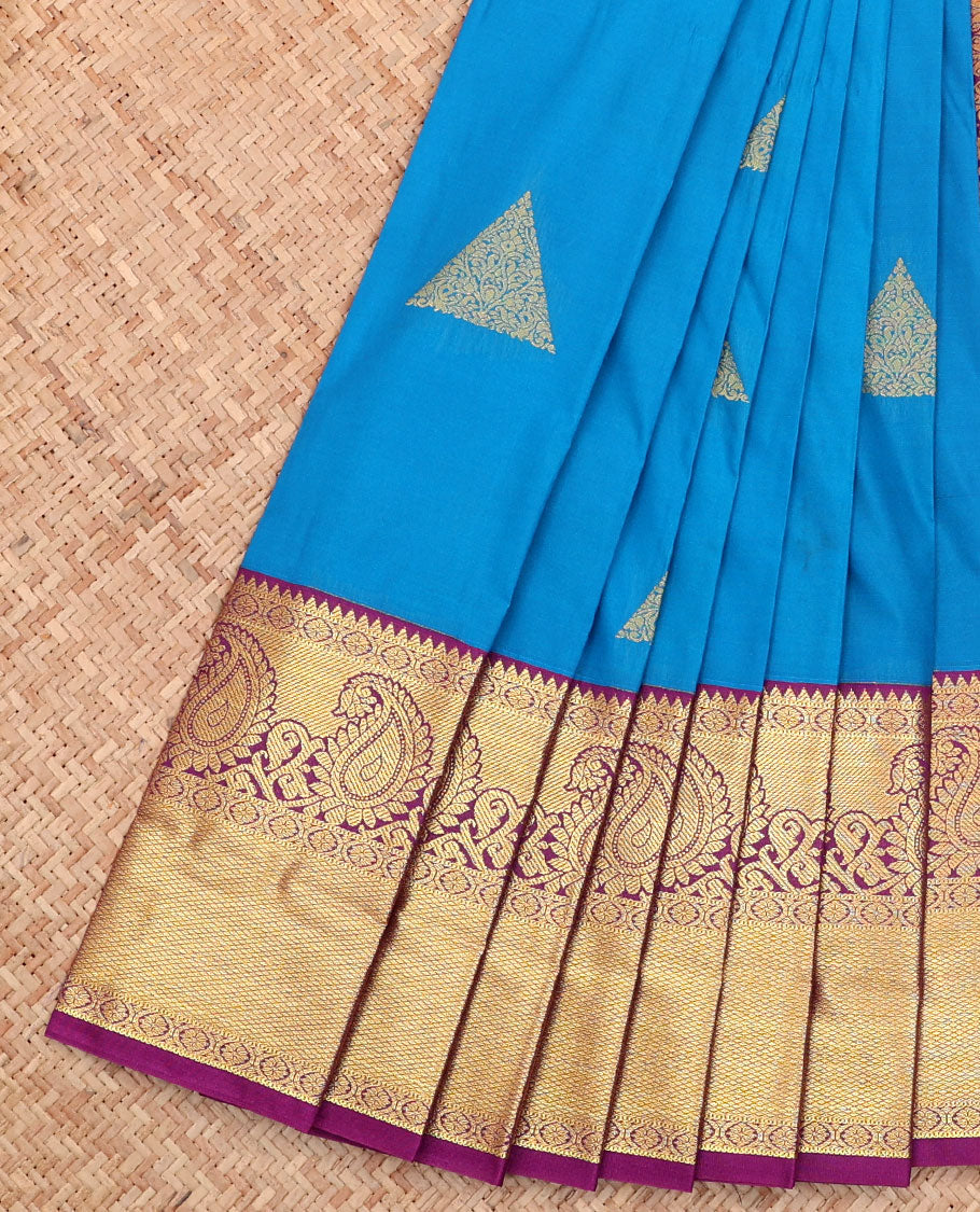 Blue Budget Silk Saree, Accentuated with Triangle Buttas All Over Its Body, Complemented by a Contrast Traditional Zari Design Border, Grand Jaal Pallu, and Paired with a Contrast Blouse