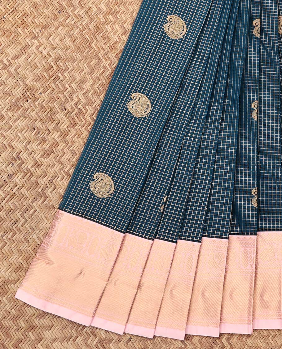 Blue Budget Silk Saree, Ornamented with Zari Buttas and Checks, Complemented by a Contrast Traditional Zari Border, Grand Pallu, and a Contrast Blouse