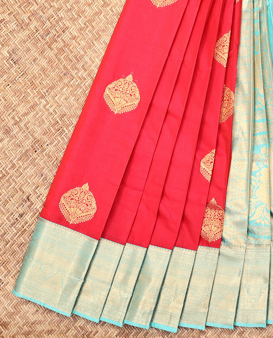 Red Budget Silk Saree, Adorned with Zari Buttas, Complemented by Contrast Traditional Zari Border, a Grand Pallu and a Contrast Blouse