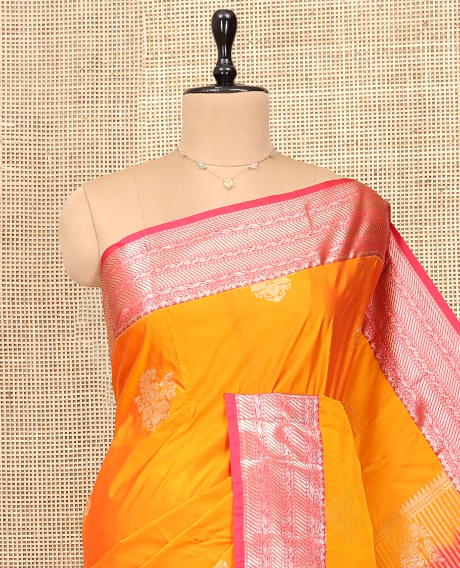 Yellow Budget Silk Saree, Beautifully Bedecked with Zari Buttas, Complemented by Contrast Traditional Zari Border, Pallu of Jaal and Paisleys, and Contrast Blouse