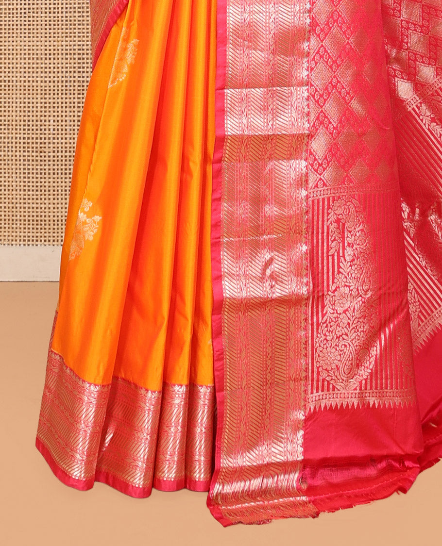 Yellow Budget Silk Saree, Beautifully Bedecked with Zari Buttas, Complemented by Contrast Traditional Zari Border, Pallu of Jaal and Paisleys, and Contrast Blouse