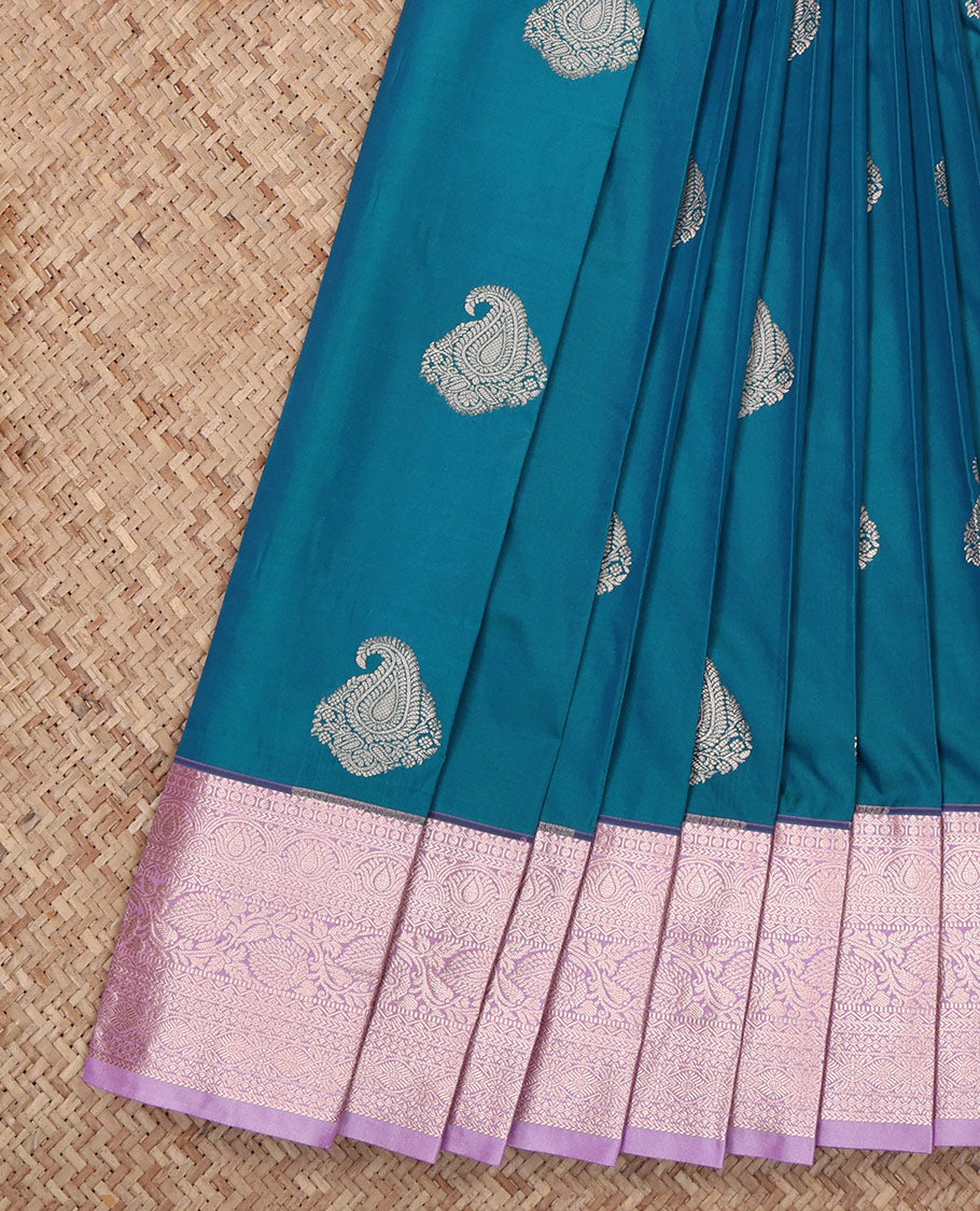 Blue Budget Silk Saree, Bedecked with Paisley Buttas All Over Its Body, Complemented by a Contrast Traditional Zari Design Rettai Pettu Border, Intricate Pallu, and Paired with a Contrast Blouse