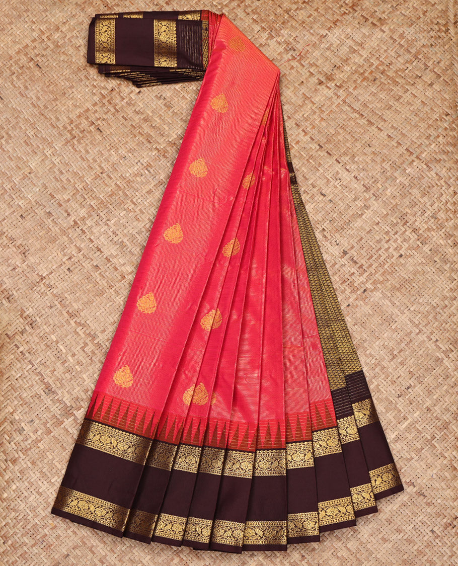 Pink Budget Silk Saree, Grandly Sparkled with Zari Buttas and Stripes on Its Body, Complemented by a Contrast Traditional Zari Design Rettai Pettu Temple Border, Jaal Pallu, and Paired with a Contrast Blouse