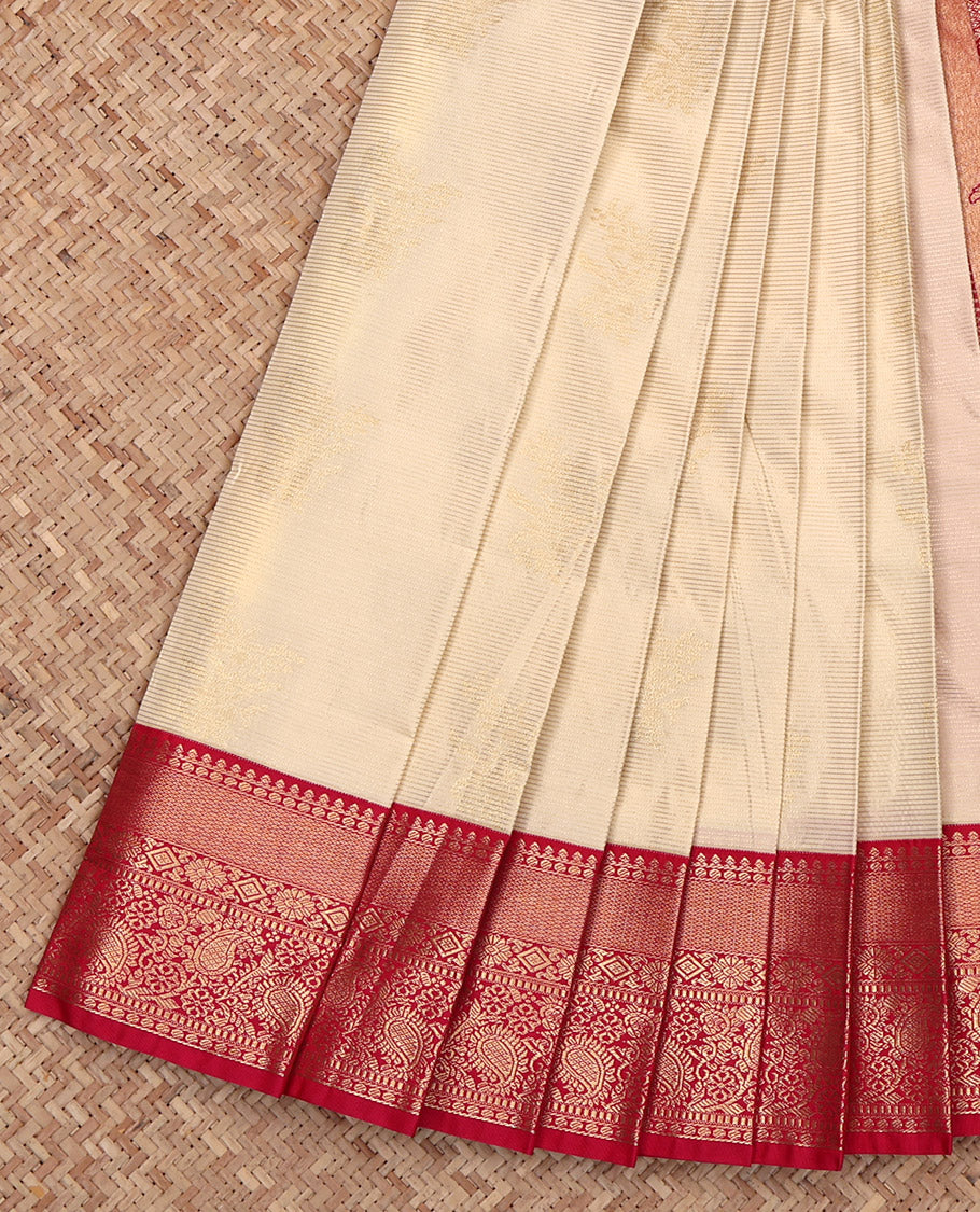 Cream Budget Silk Saree, Richly Detailed with Zari Buttas and Checks, Captivating Contrast Traditional Zari Design Border, Grand Pallu, and a Contrast Blouse