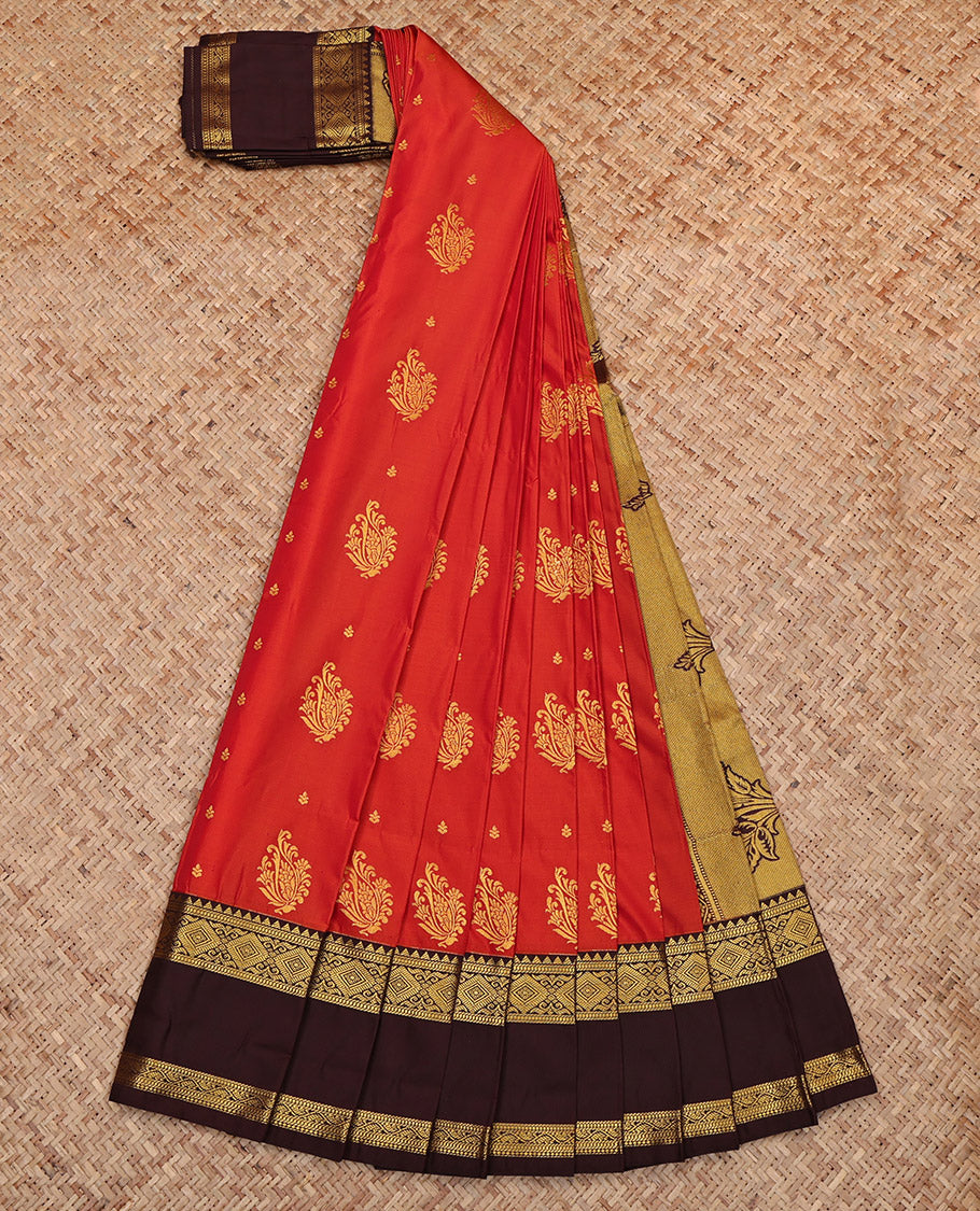 Red Budget Silk Saree, Highlighted by Zari Buttas, Complemented by Contrast Traditional Rettai Pettu Border, Grand Pallu and a Contrast Blouse