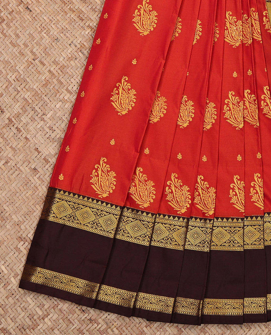 Red Budget Silk Saree, Highlighted by Zari Buttas, Complemented by Contrast Traditional Rettai Pettu Border, Grand Pallu and a Contrast Blouse