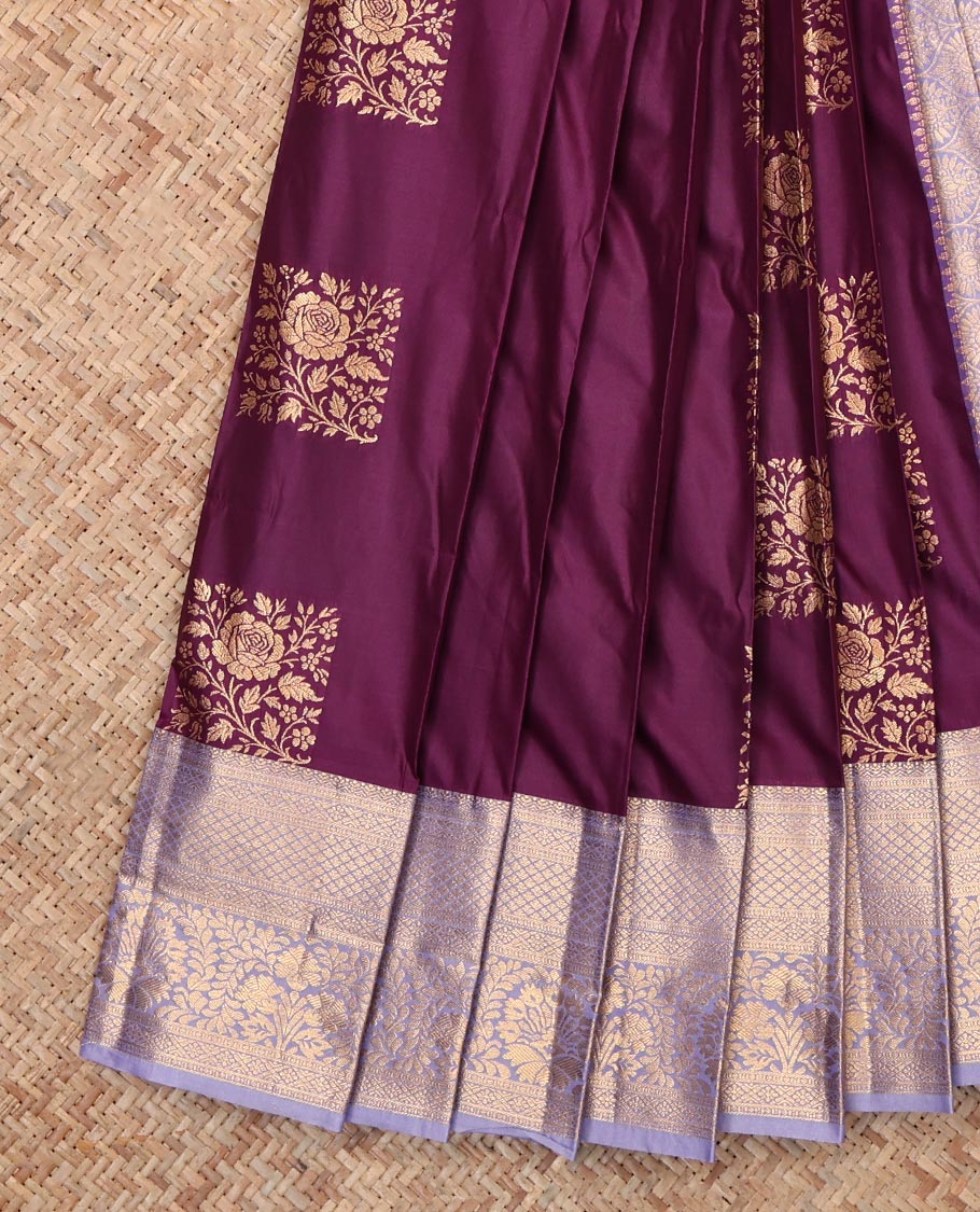 Brown Budget Silk Saree, Enriched with Square Buttas, Complemented by Contrast Traditional Zari Border, Grand Pallu and a Contrast Blouse