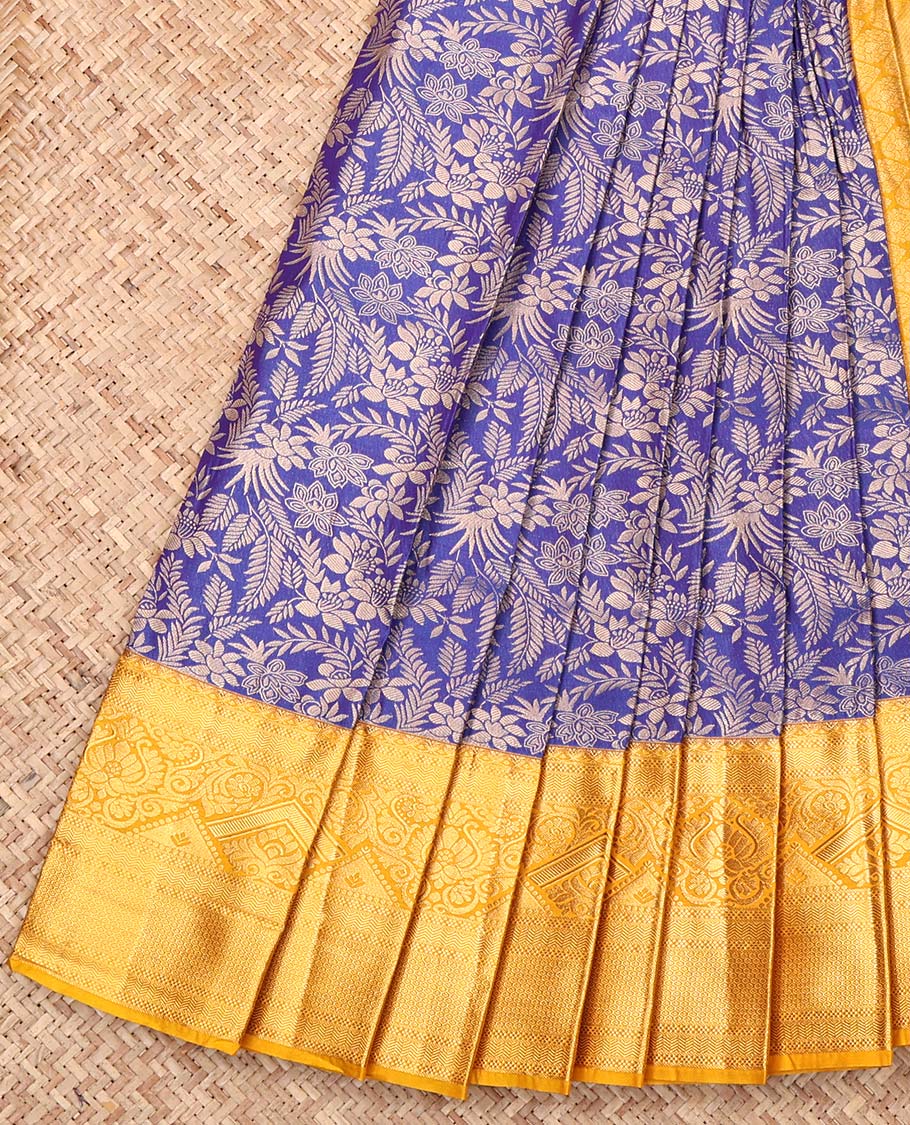 Blue Budget Silk Saree, Opulently Embellished with Floral Jacquard, Complemented by Contrast Traditional Zari Border, Grand Pallu, and Contrast Blouse