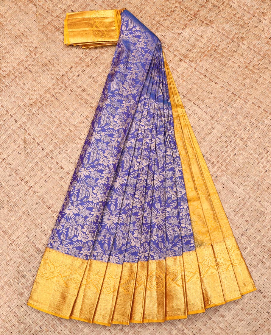 Blue Budget Silk Saree, Opulently Embellished with Floral Jacquard, Complemented by Contrast Traditional Zari Border, Grand Pallu, and Contrast Blouse