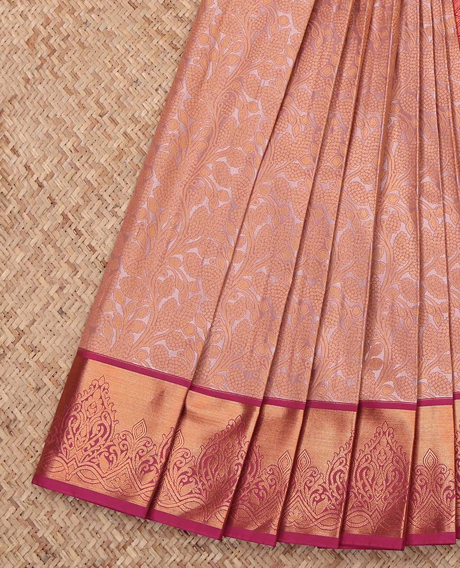 Brown Budget Silk Saree, Styled with Floral Vine Design, Complemented by a Contrast Zari Border, Grand Pallu, and a Contrast Blouse
