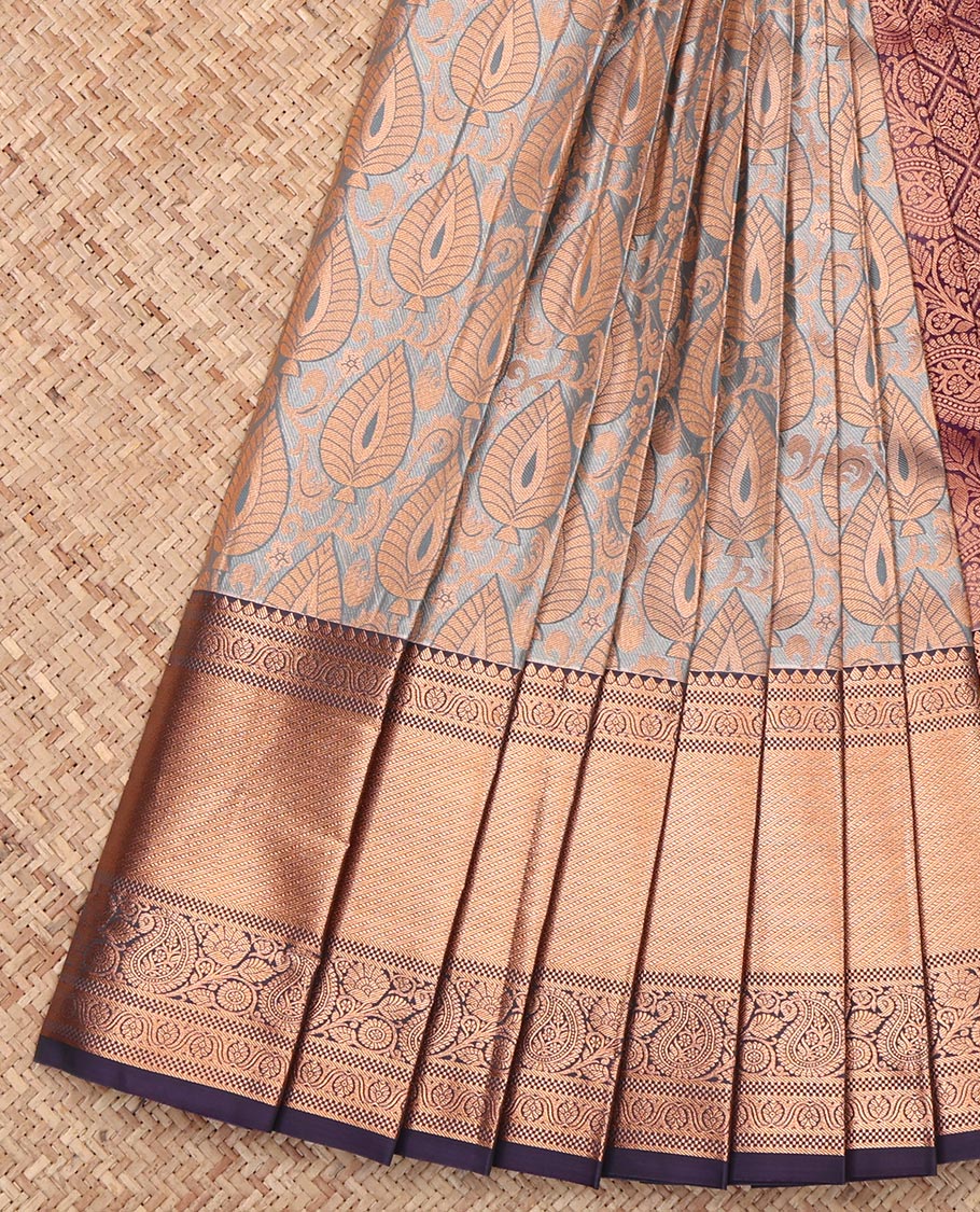 Grey Budget Silk Saree, Uniquely Detailed with Jacquard Design, Complemented by a Contrast Traditional Zari Border, Jaal Pallu, and a Contrast Blouse