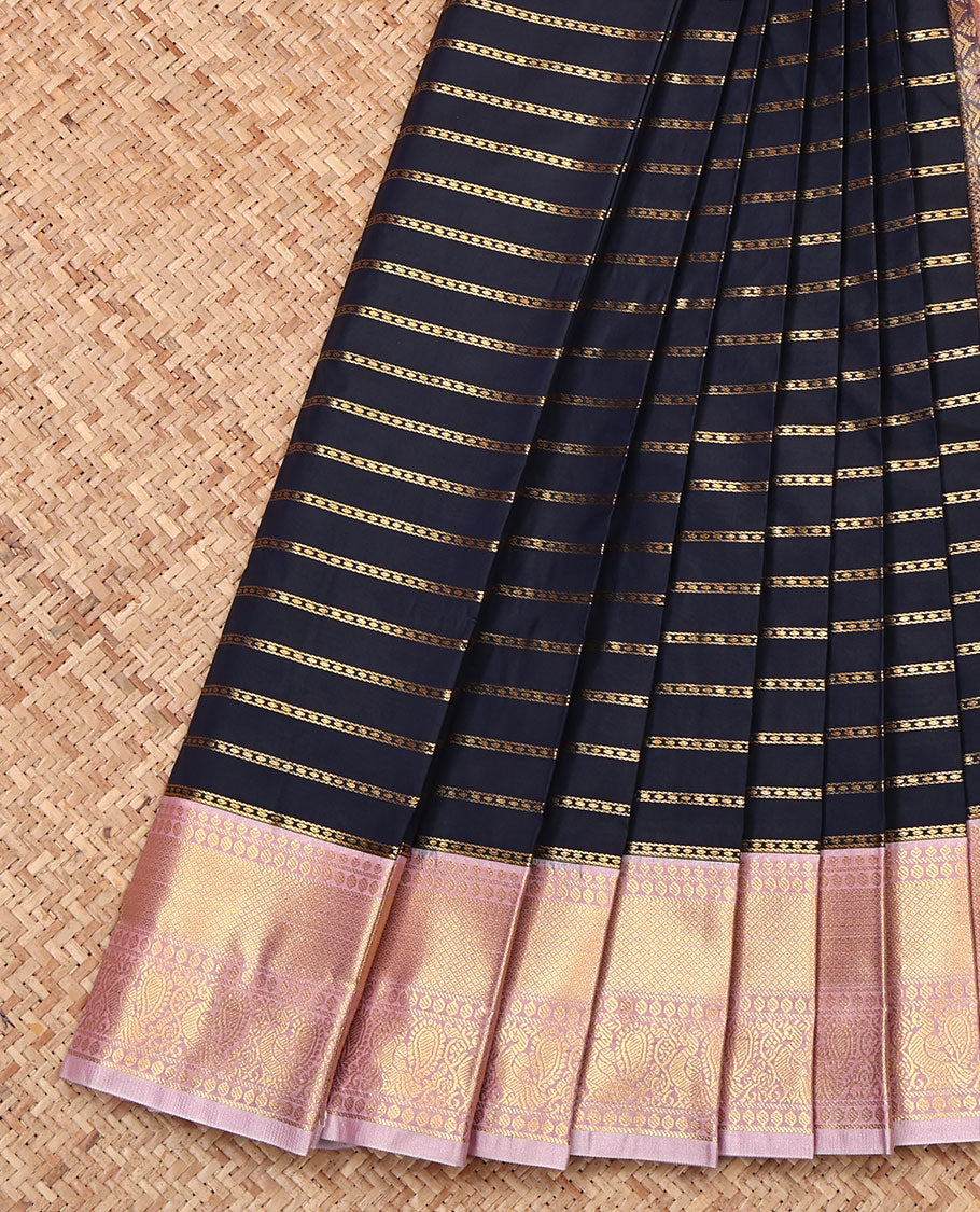 Navy Budget Silk Saree, Majestically Detailed with Zari Stripes, Complemented by Contrast Traditional Zari Border, Grand Pallu, and a Contrast Blouse