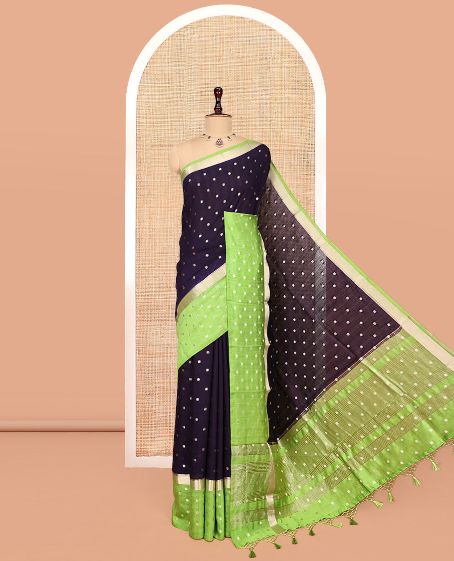 Blue Assam Silk Saree, Enthralled with Zari Buttas, Complemented by a Contrast Zari Buttas Woven Border, Zari-Design Pallu, and a Contrast Blouse