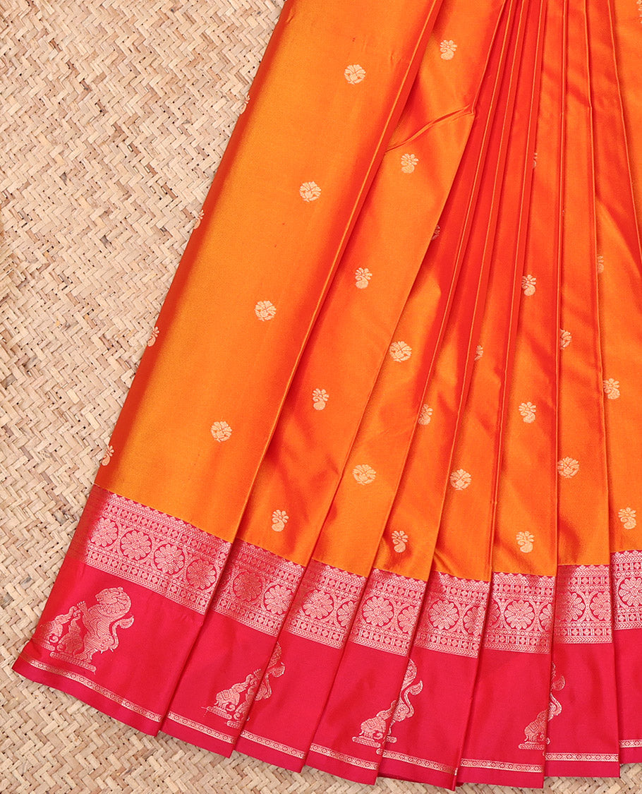 Orange Budget Silk Saree, Elevated with Zari Buttas, Complemented by a Contrast Traditional Zari Border of Singam Designs, Grand Pallu, and a Contrast Blouse