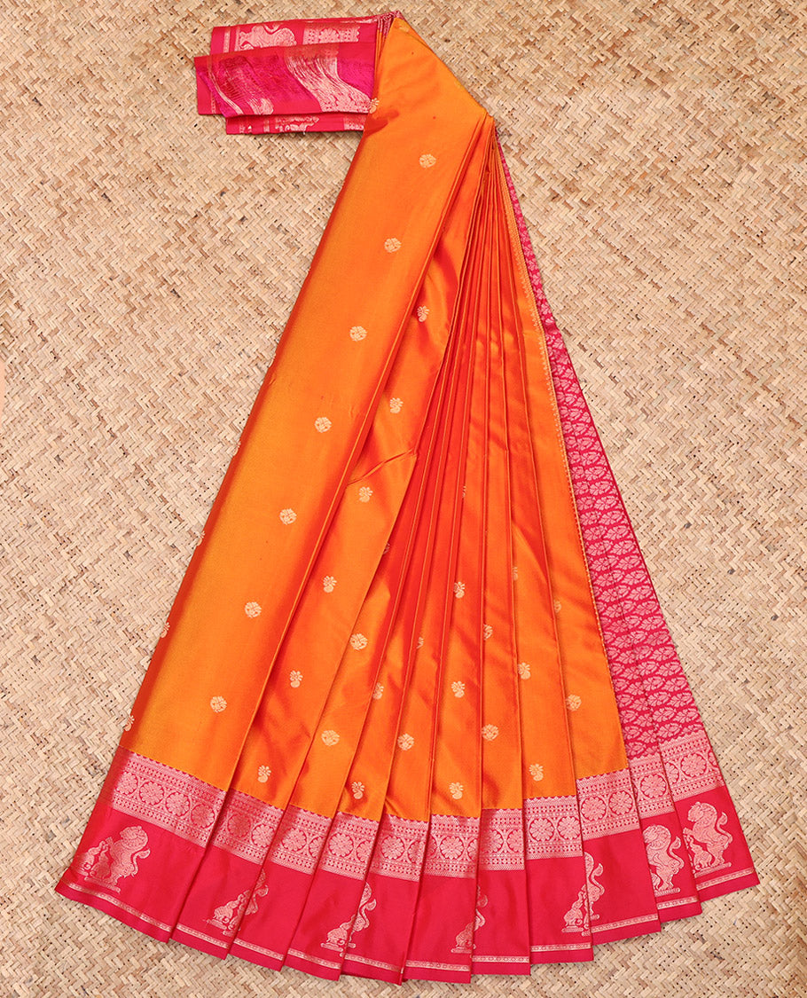 Orange Budget Silk Saree, Elevated with Zari Buttas, Complemented by a Contrast Traditional Zari Border of Singam Designs, Grand Pallu, and a Contrast Blouse