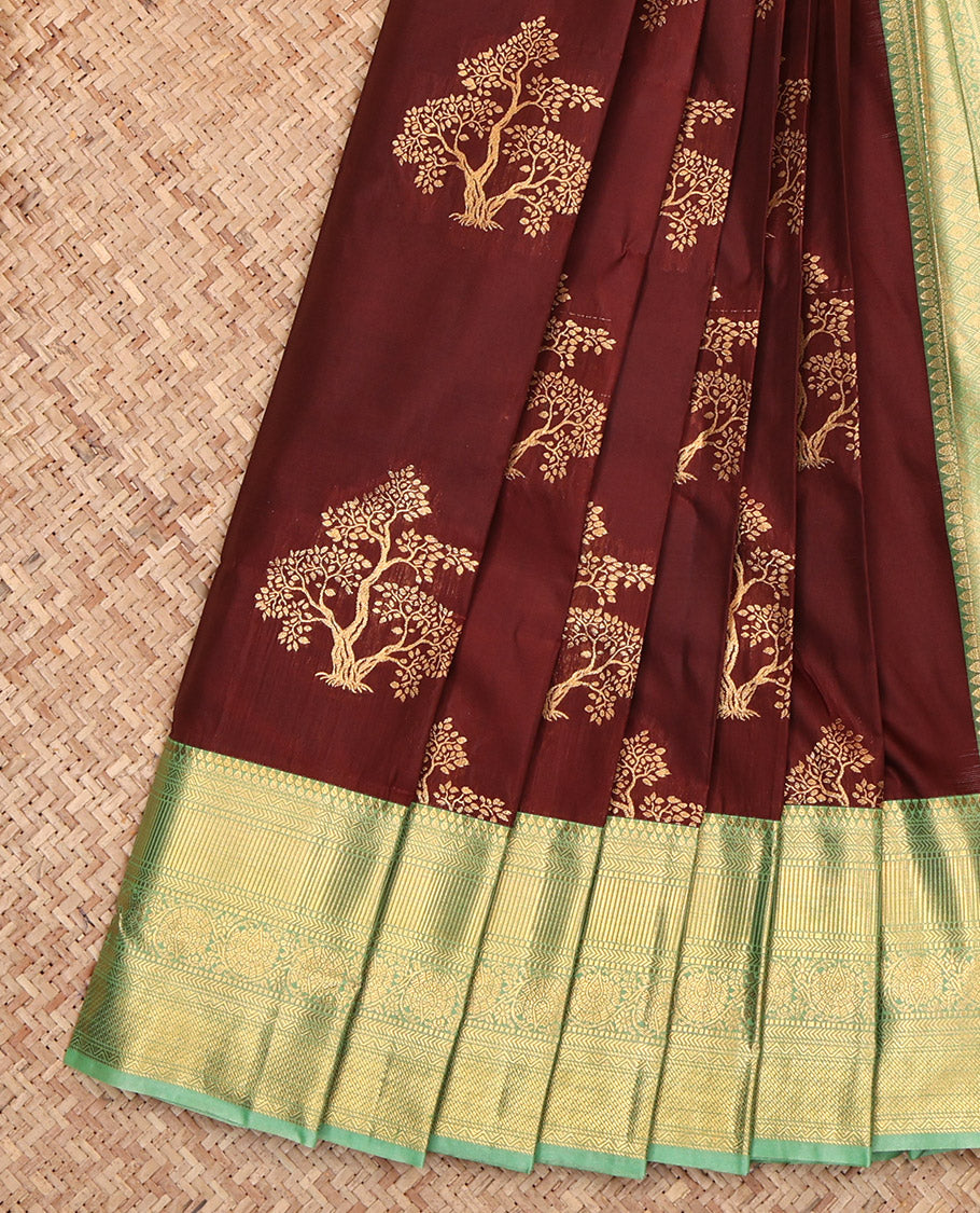 Brown Budget Silk Saree, Bedecked with Tree Zari Buttas, Complemented by a Contrast Traditional Border, Grand Pallu, and a Contrast Blouse