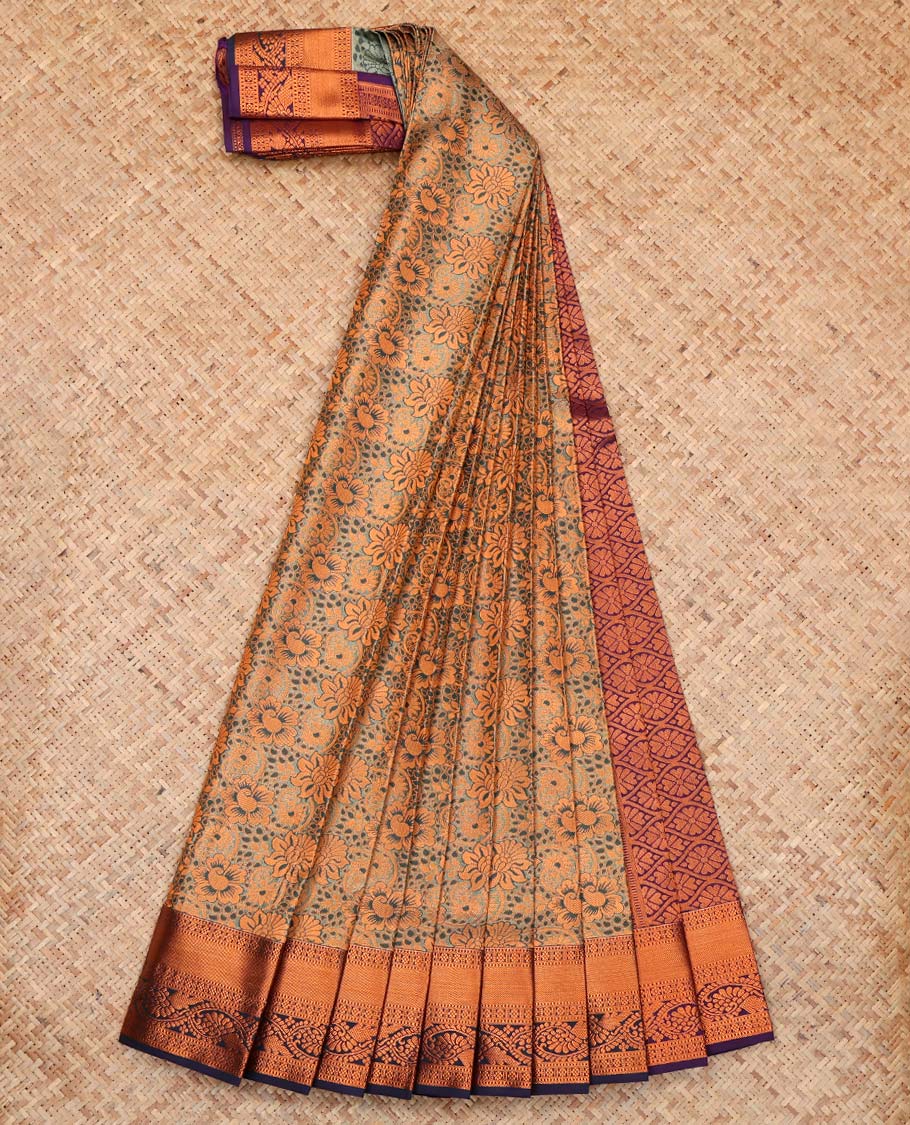 Grey Budget Silk Saree, Styled with Floral Jacquard Design, Complemented by Contrast Traditional Kodi Visiri Zari Border, a Jaal Pallu and a Contrast Blouse