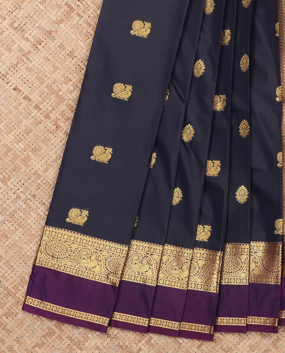 Blue Budget Silk Saree, Adorned with Peacock and Floral Buttas, a Contrast Traditional Zari Rettai Pettu Border, a Grand Pallu and a Contrast Blouse