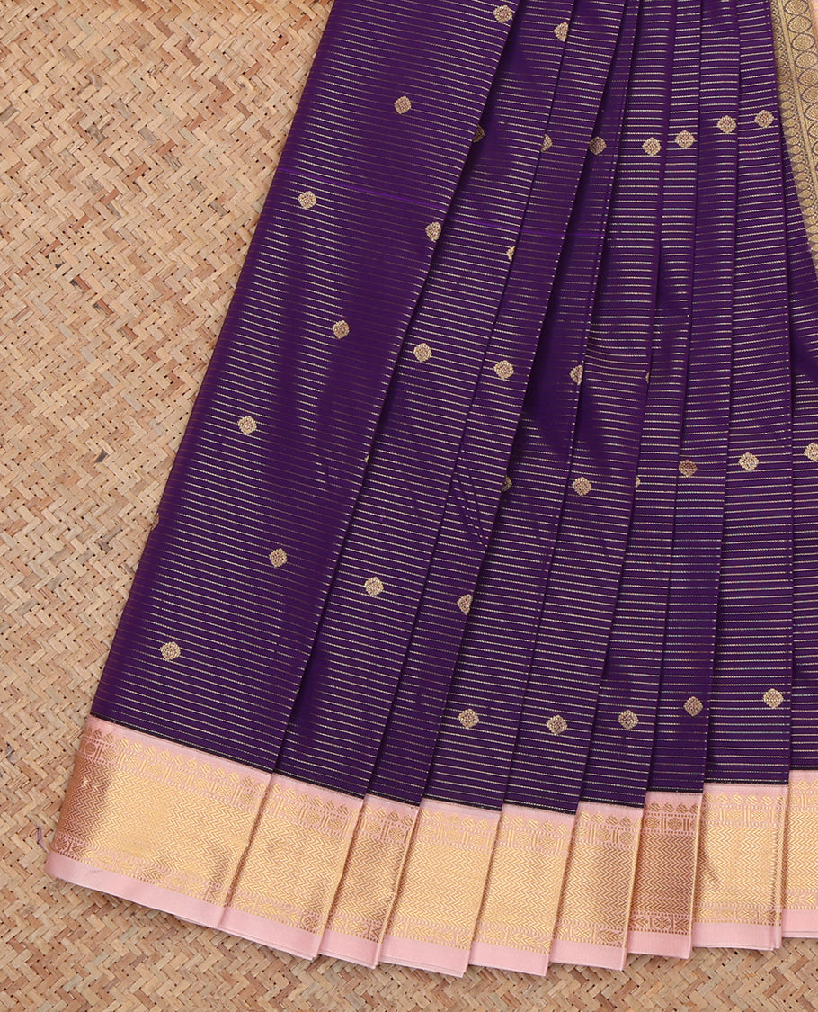 Violet Budget Silk Saree, Decorated with Zari Buttas and Stripes, Complemented by a Contrast Traditional Zari Border, Grand Pallu, and Contrast Blouse