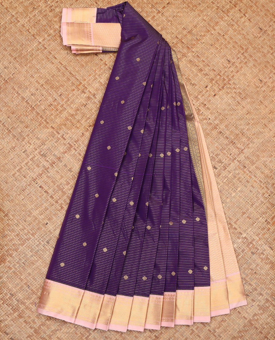 Violet Budget Silk Saree, Decorated with Zari Buttas and Stripes, Complemented by a Contrast Traditional Zari Border, Grand Pallu, and Contrast Blouse