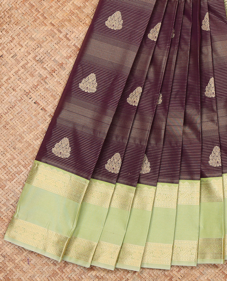 Maroon Budget Silk Saree, Beautifully Bedecked with Zari Buttas and Stripes, a Contrast Traditional Zari Rettai Pettu Border, Grand Pallu, and a Contrast Blouse