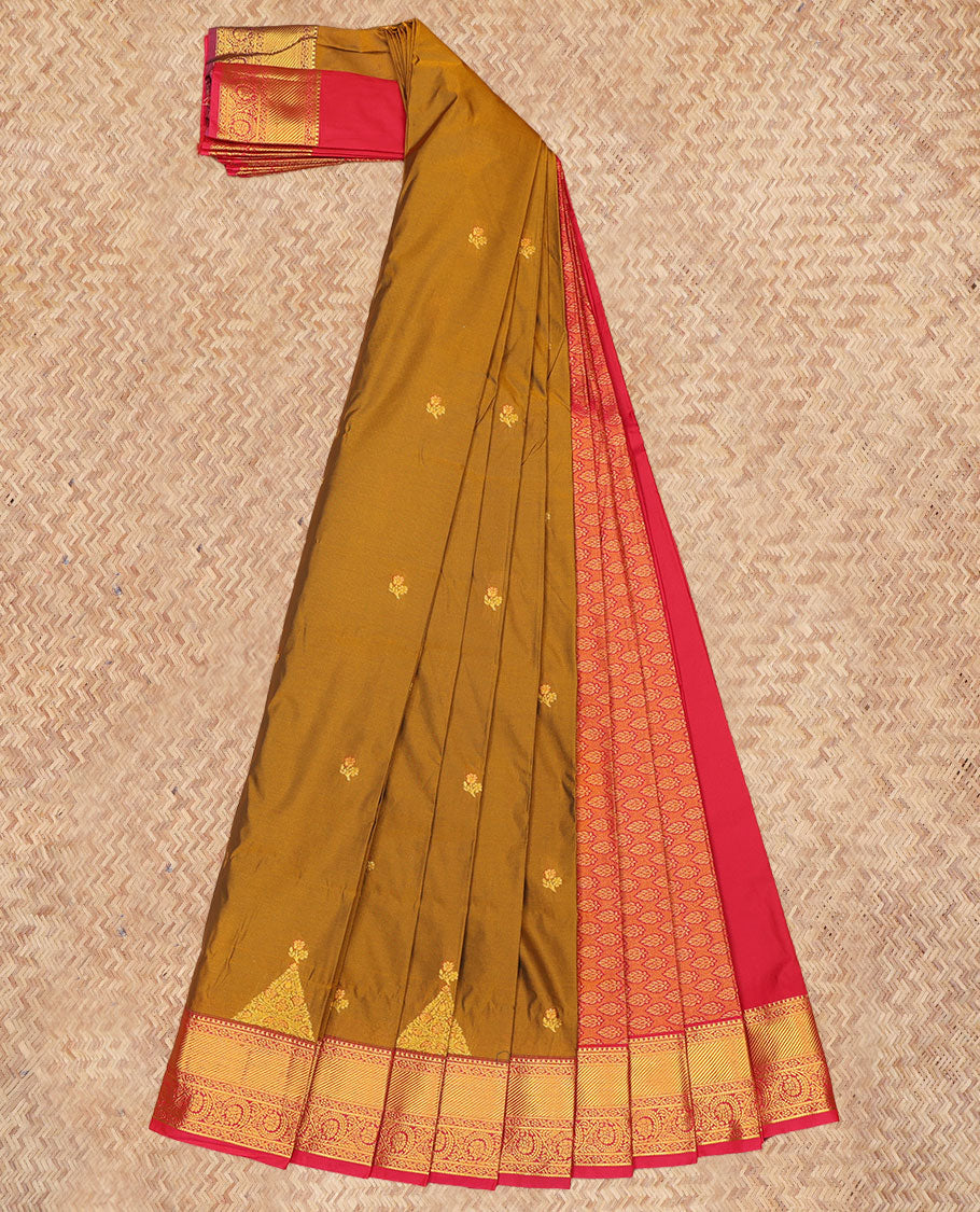 Green Budget Silk Saree, Elevated with Zari Buttas, a Contrast Traditional Zari Border, Grand Jaal Pallu, and a Contrast Blouse