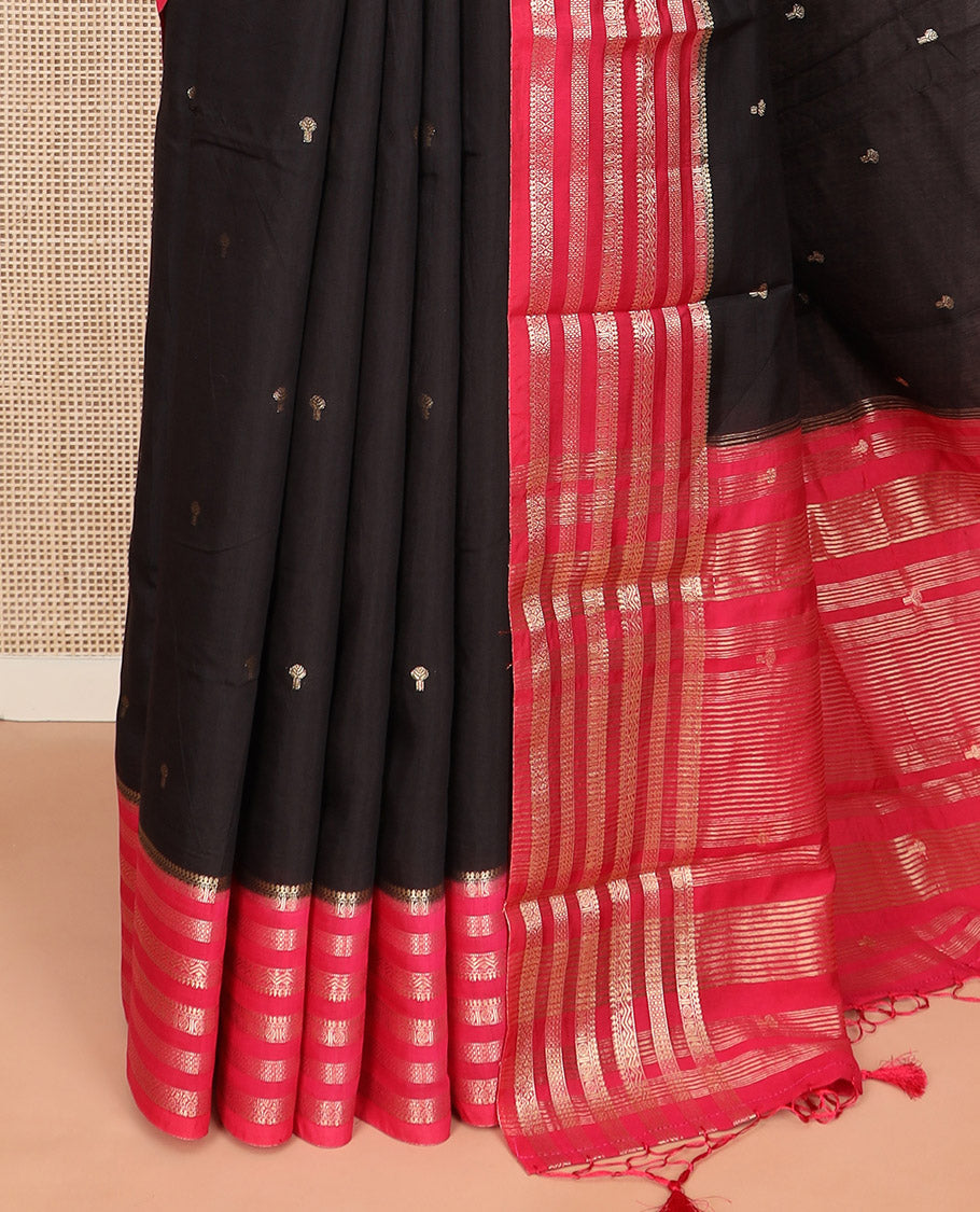 Black zari buttas Assam silk saree, contrast traditional zari design border, and pallu of zari stripes and buttas