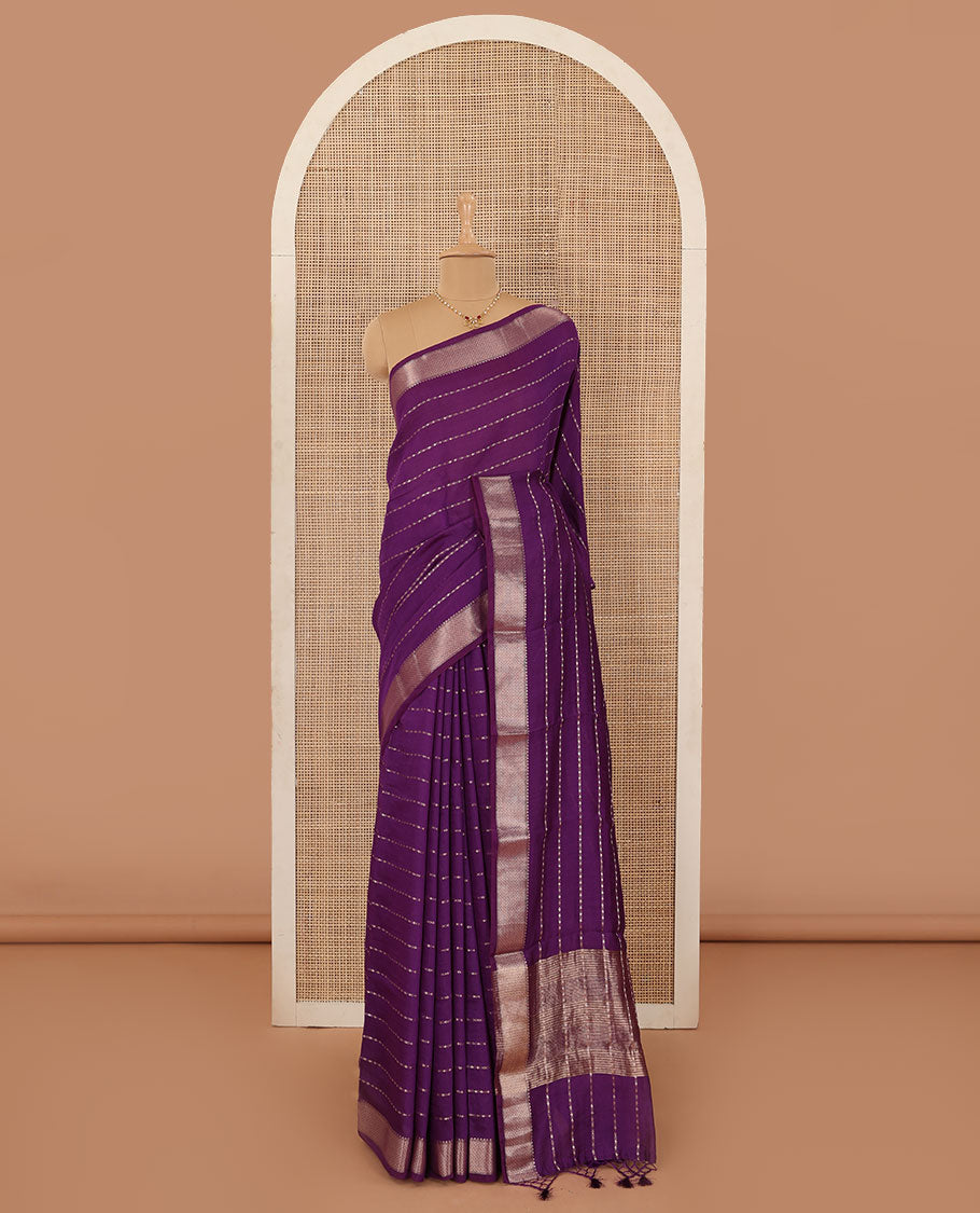 Purple horizontal striped Assam cotton saree, traditional zari border, and zari striped pallu