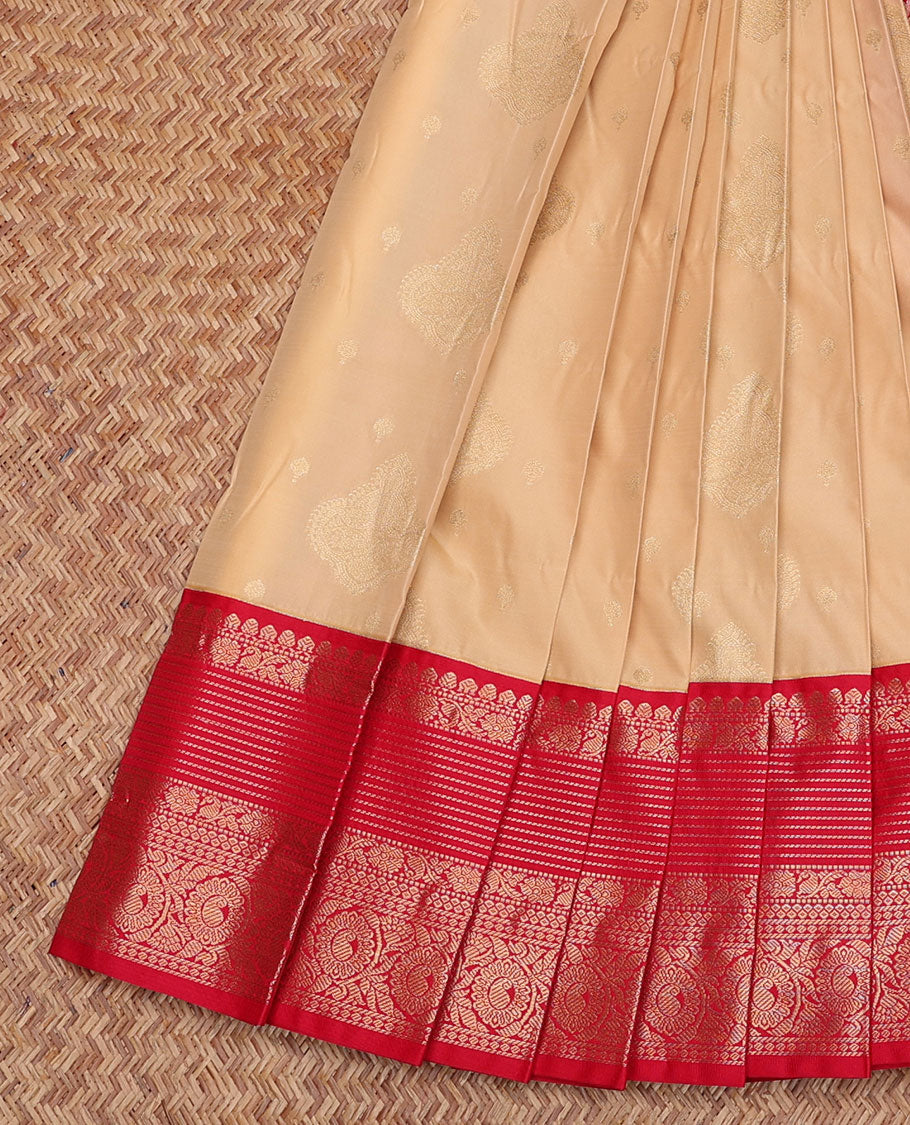 Sandal Budget Silk Saree, Sparsely Sparkled with Zari Buttas, Contrast Traditional Zari Border, Grand Jaal Pallu, and a Contrast Blouse