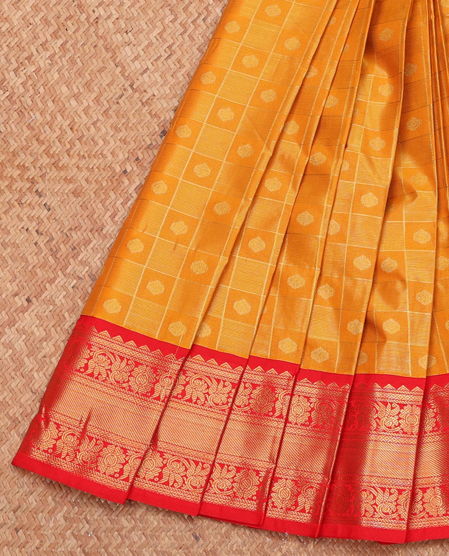 Yellow Budget Silk Saree, Subtly Sparkled with Zari Butta Enclosed Checks, Complemented by a Contrast Traditional Zari Border, Grand Pallu, and a Contrast Blouse