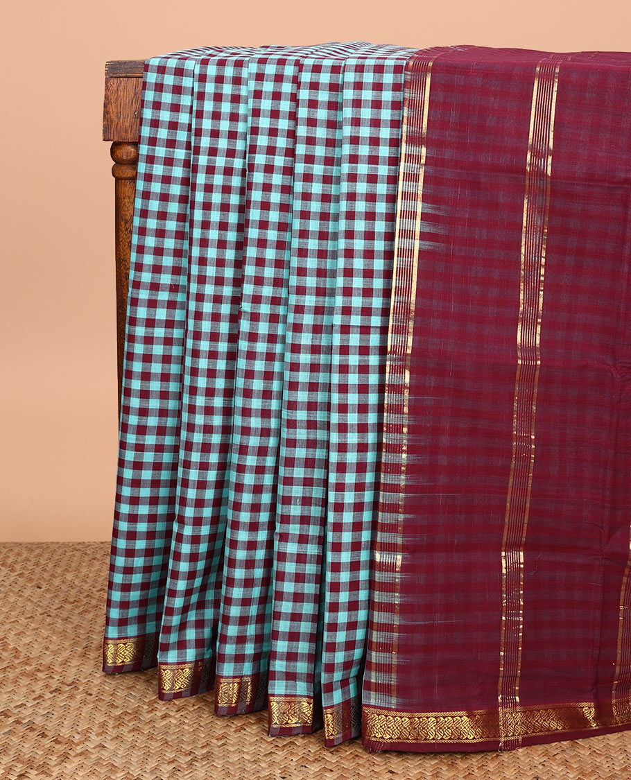 Multi-color micro-checked Andhra cotton saree, contrast paisleys border, and pallu of zari stripes