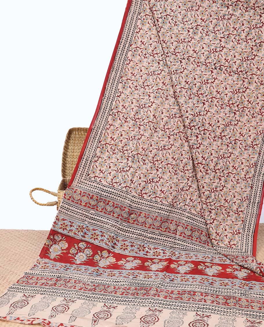 Cream floral design machine-printed kalamkari cotton saree with contrast geometric design border & geometric, floral design pallu
