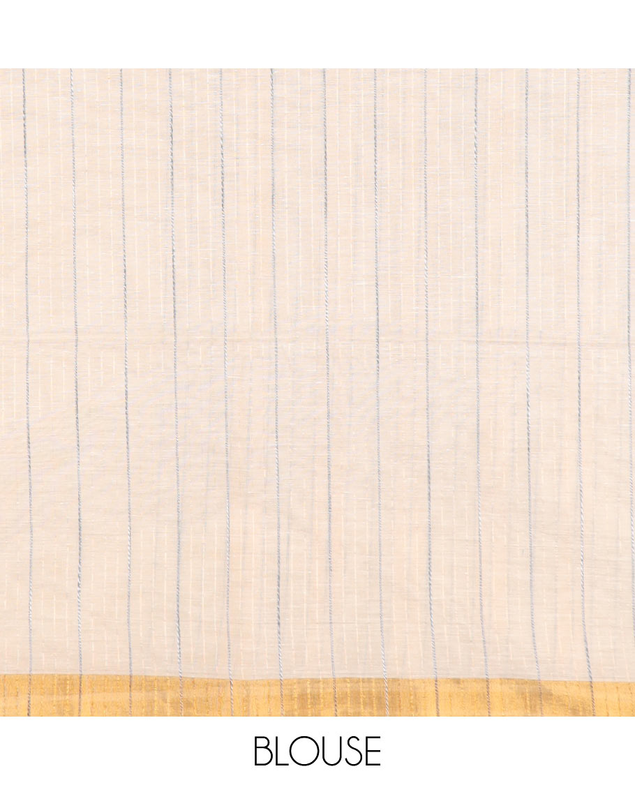 Cream plain jute cotton saree, zari border, and striped pallu