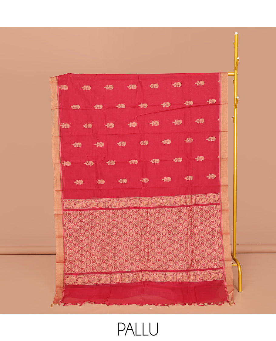 Red Kanchi Cotton Saree, Embellished with Buttas All Over Its Body, Highlighted by a Contrast Border, Pallu of Floral And Diamond Designs, and Paired with a Matching Blouse