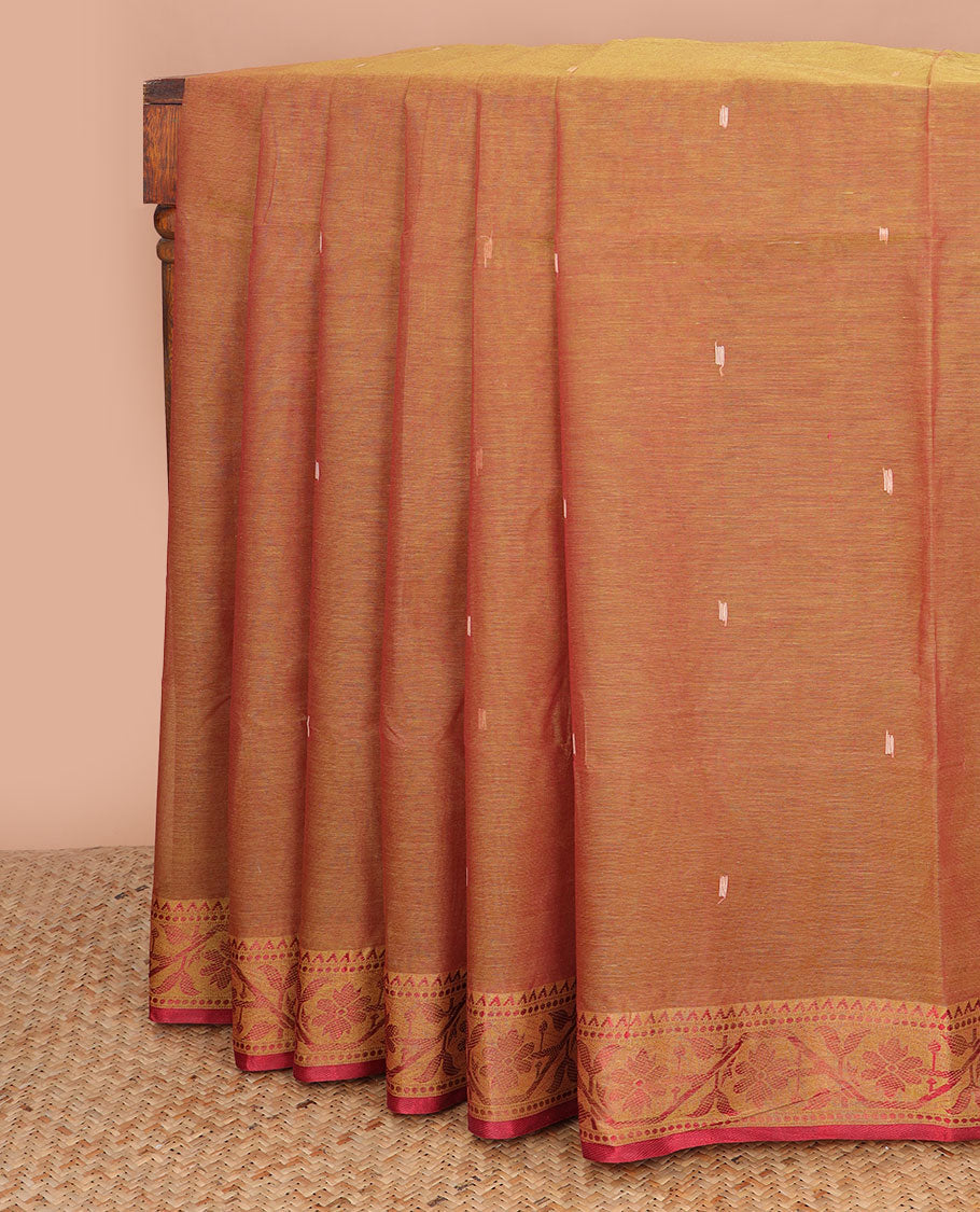 Brown motifs bengal cotton saree with contrast floral design border & striped, motifs pallu