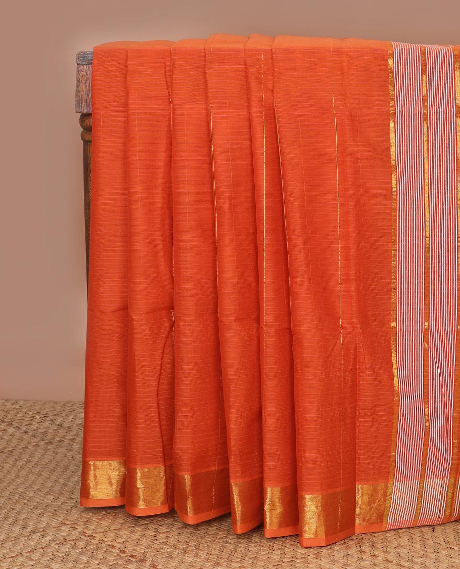 Orange vertical & horizontal striped jute cotton saree, golden zari border & striped pallu