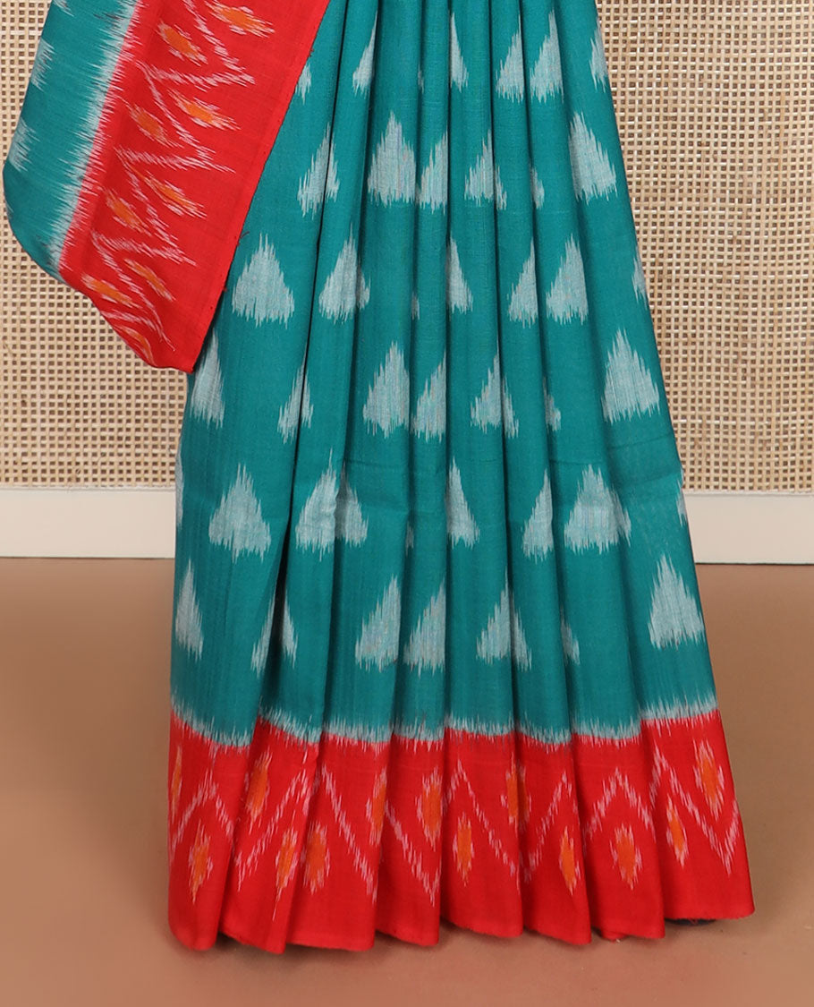 Green-base unique motifs ikkat cotton saree, contrast ikkat chevron border & pallu of chevron designs