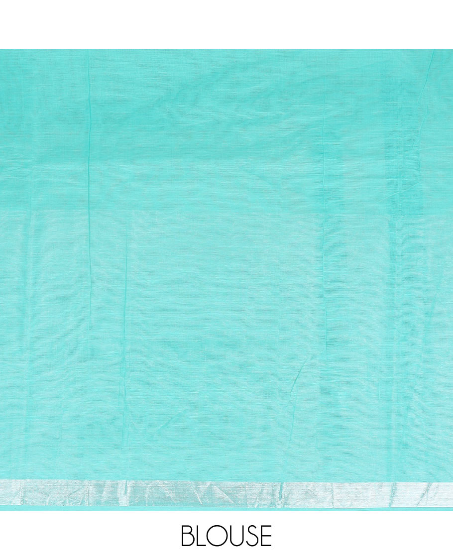 Turquoise Blue floral motifs printed Andhra cotton saree, ikkat floral design border, and pallu