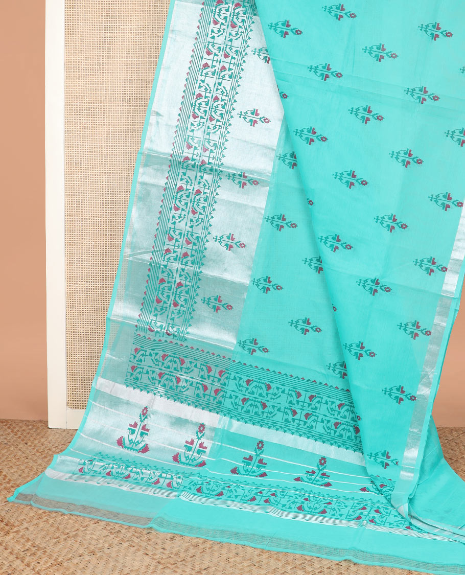 Turquoise Blue floral motifs printed Andhra cotton saree, ikkat floral design border, and pallu
