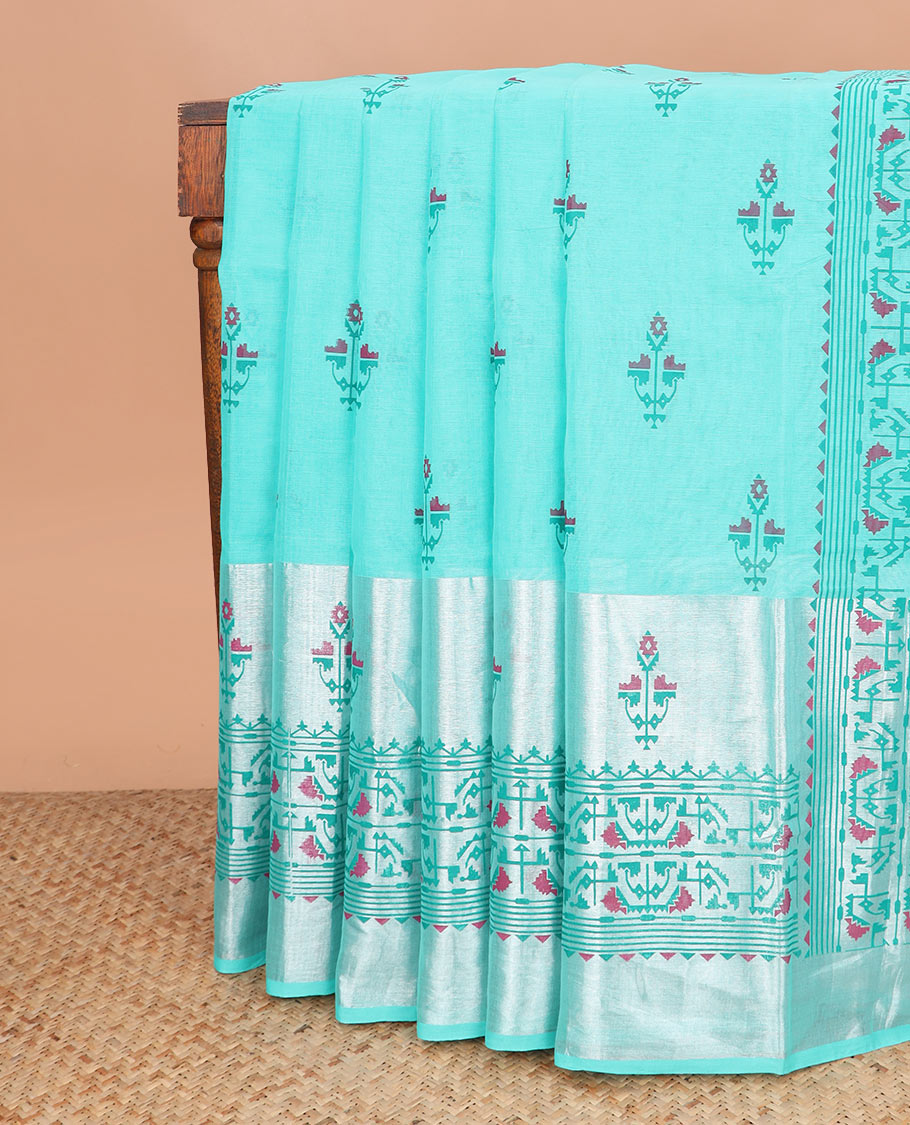 Turquoise Blue floral motifs printed Andhra cotton saree, ikkat floral design border, and pallu