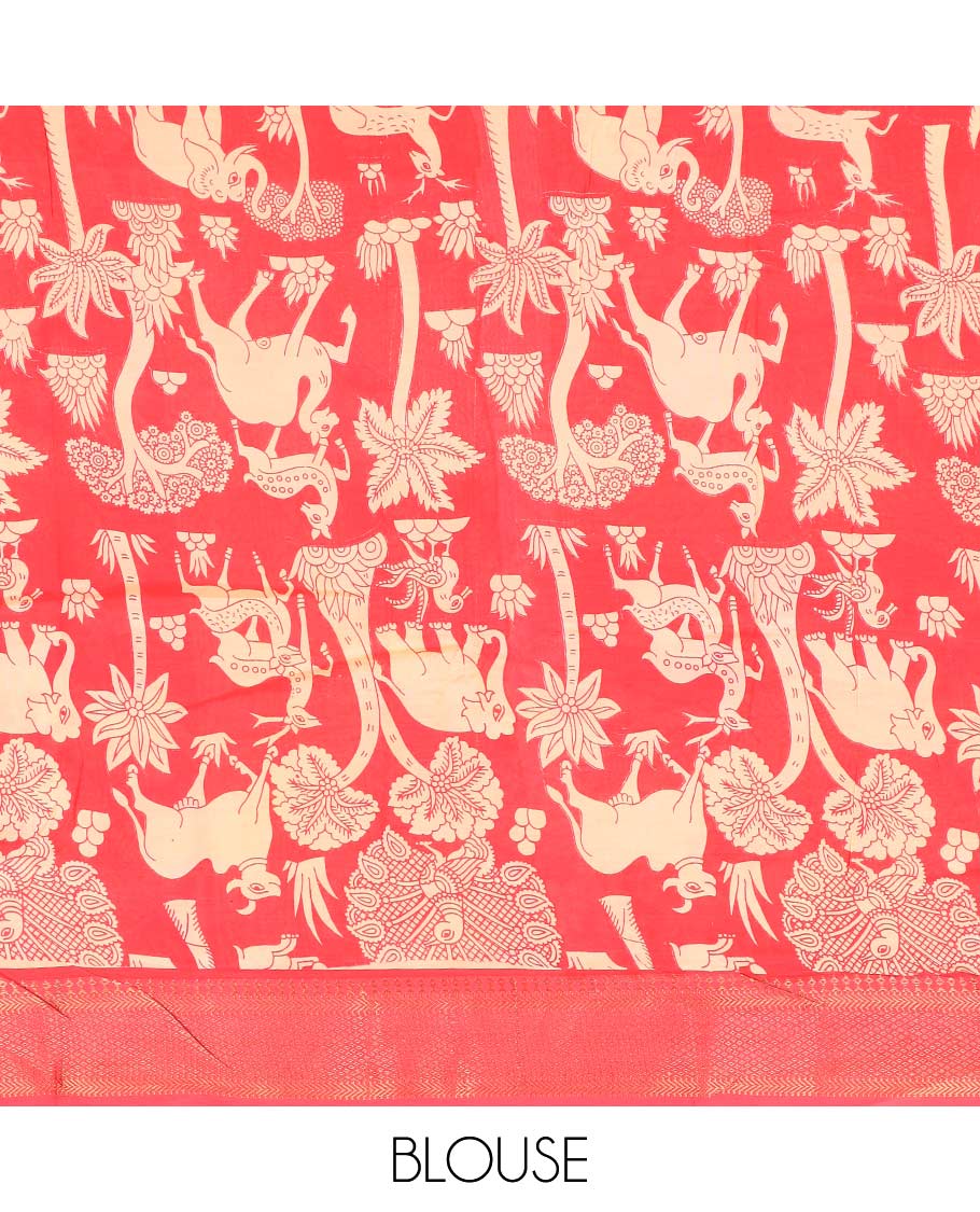 Light sandal flora-fauna motifs machine printed kalamkari cotton saree, contrast traditional zari border, and pallu of peacock print