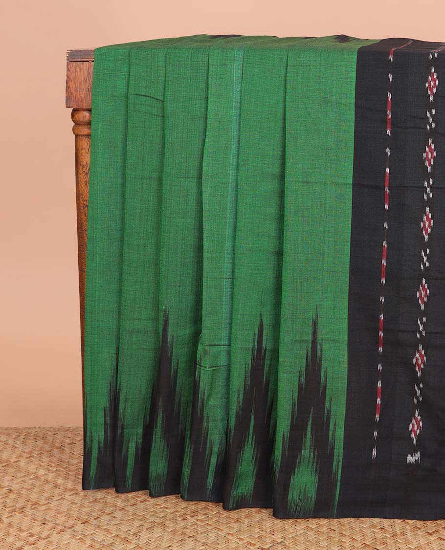 Green plain ikkat cotton saree, contrast temple border, and contrast ikkat woven pallu