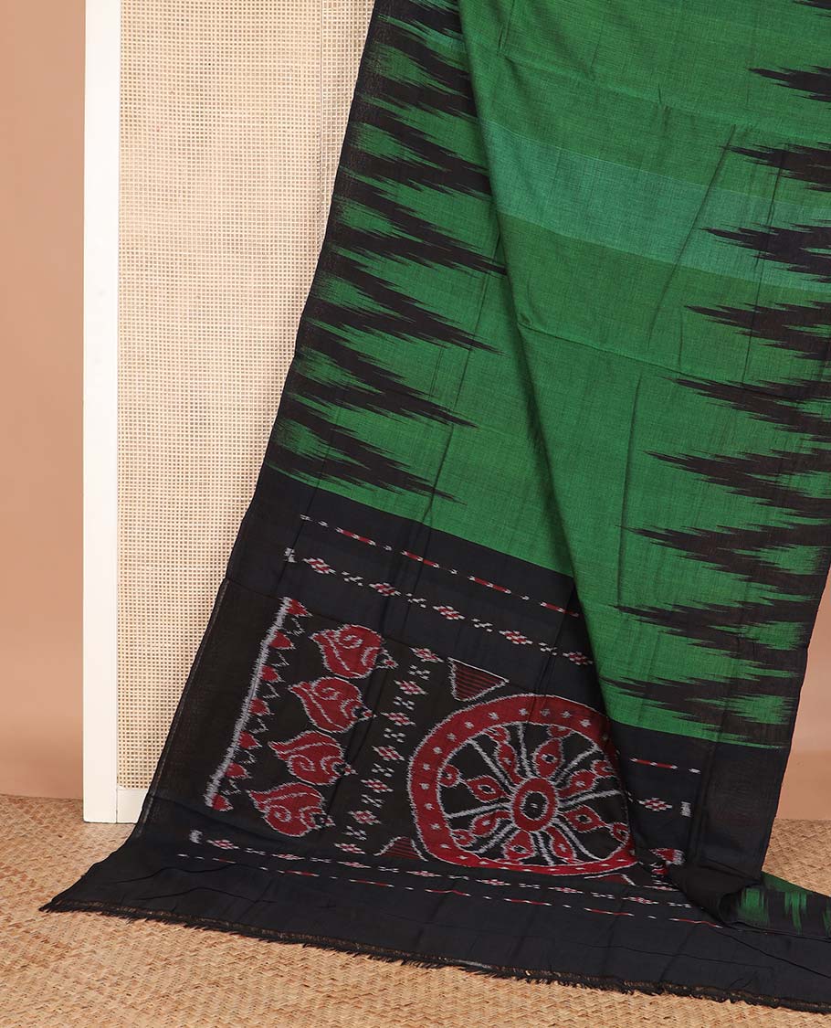 Green plain ikkat cotton saree, contrast temple border, and contrast ikkat woven pallu