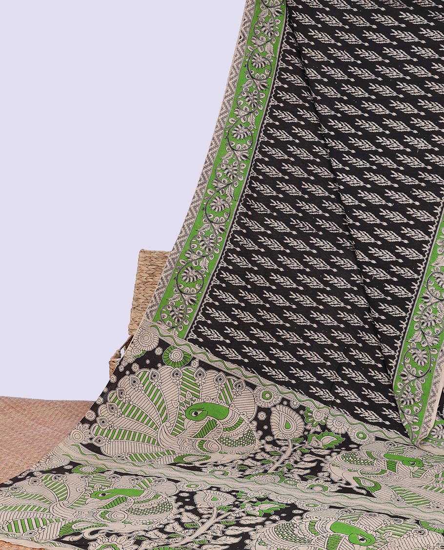 Black motifs machine-printed kalamkari cotton saree with contrast floral design border & peacock , floral design pallu