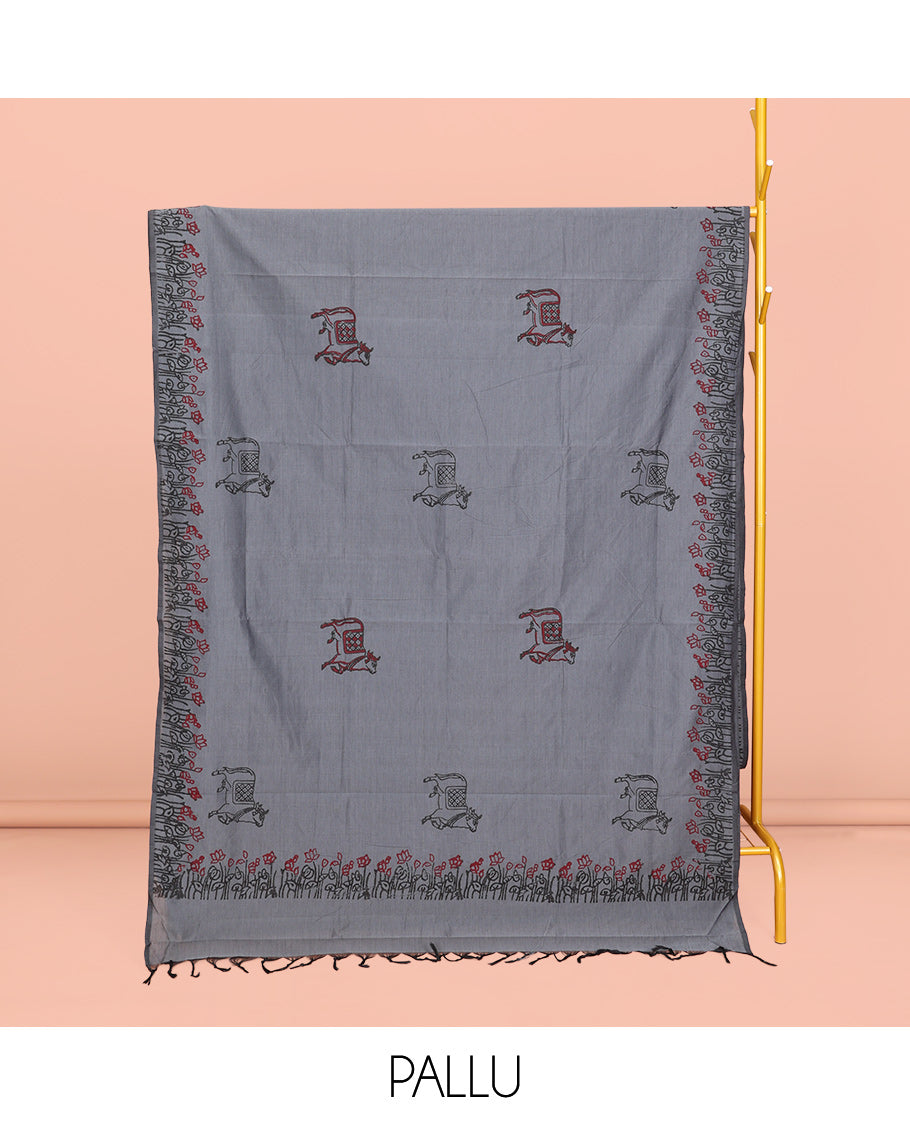 Grey Poly Cotton Saree, Adorned with Pichwai Cow and Floral Print, a Self-Pallu, and a Contrast Warli Print Blouse
