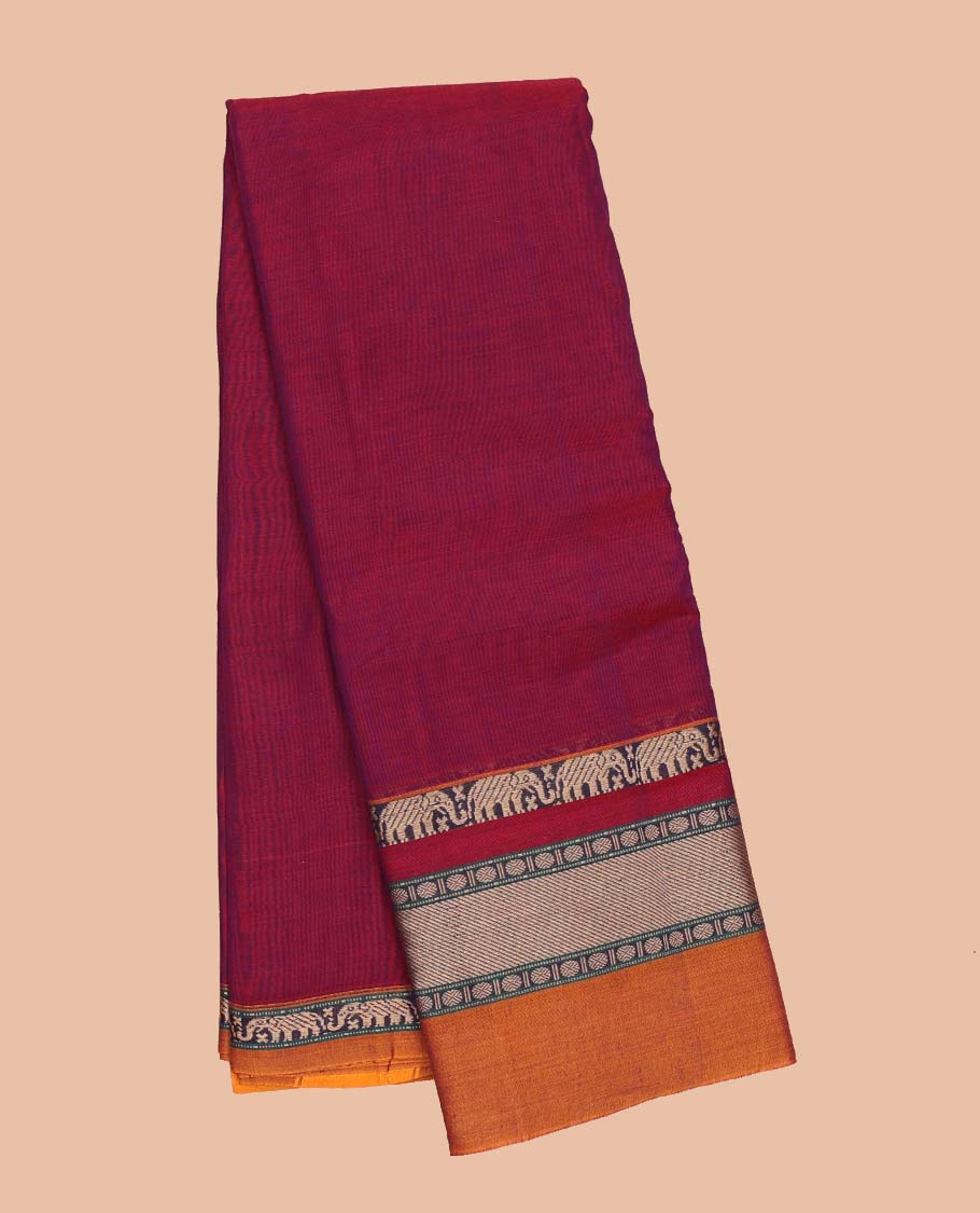 Red plain design Narayanapet cotton saree, contrast traditional design border & striped pallu