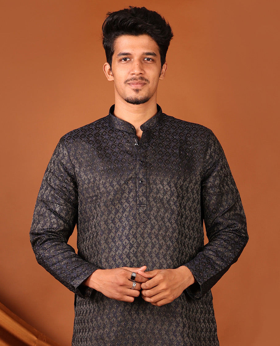 Black Mughal-Style Jaal Design Full-Sleeved Men's Kurta